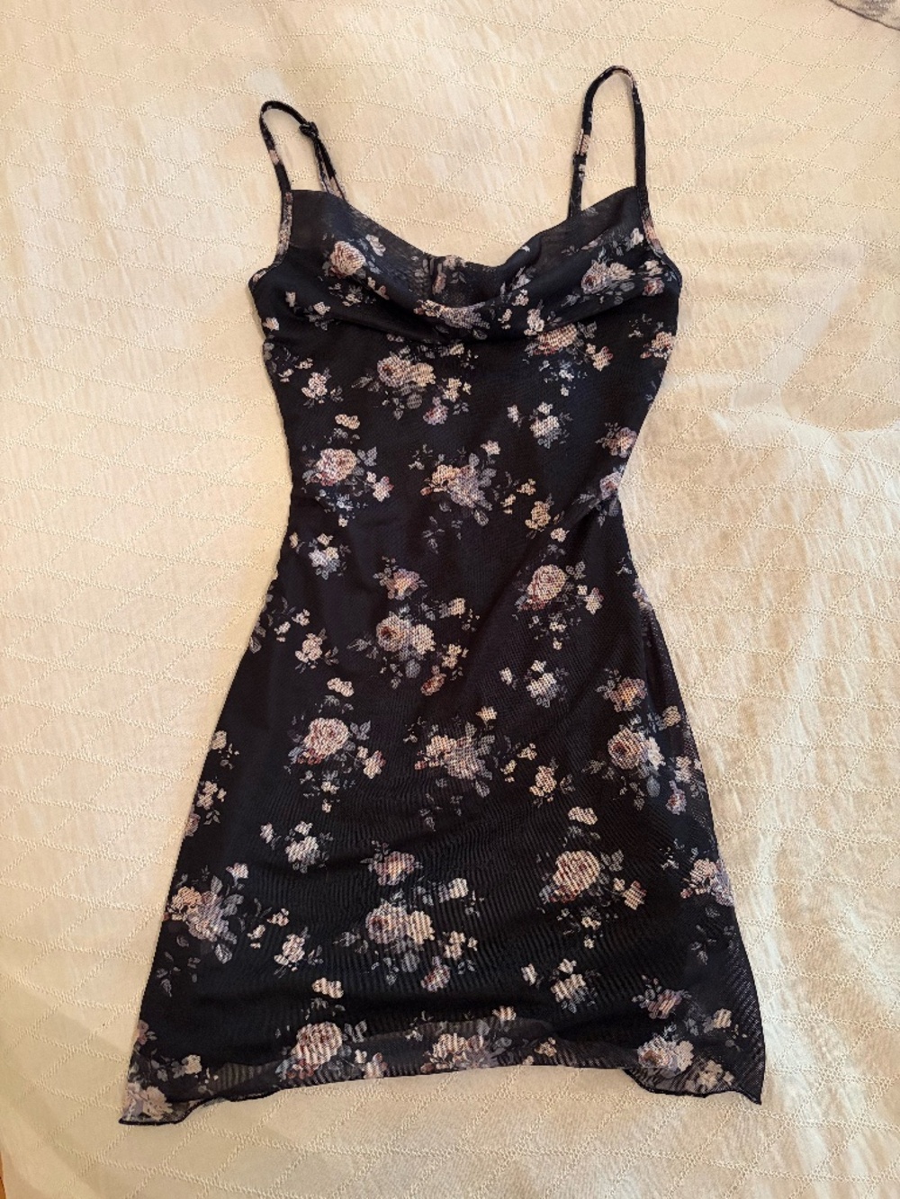Floral Print Cami Black Cowl Neck Mesh Mini Dress XS